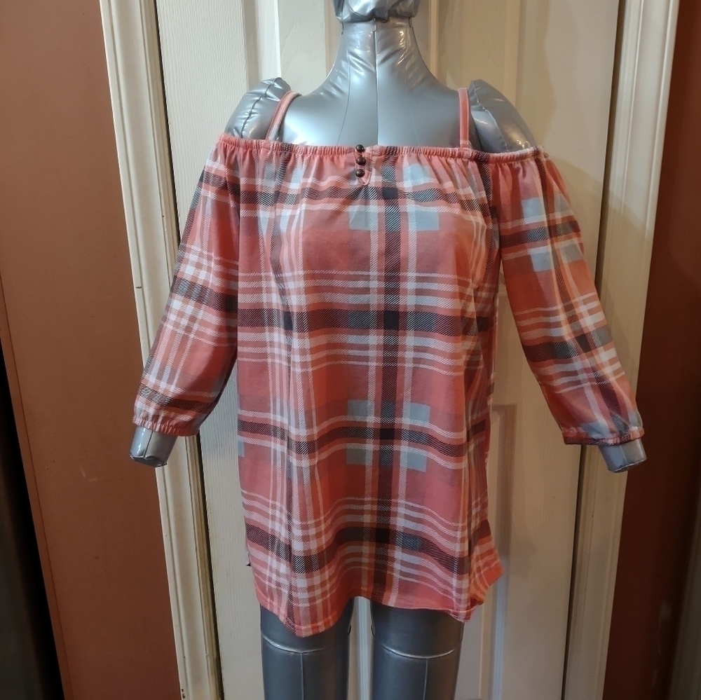 French Laundry 3/4 Sleeve Off Shoulder Pink Flannel Blouse Shirt Top